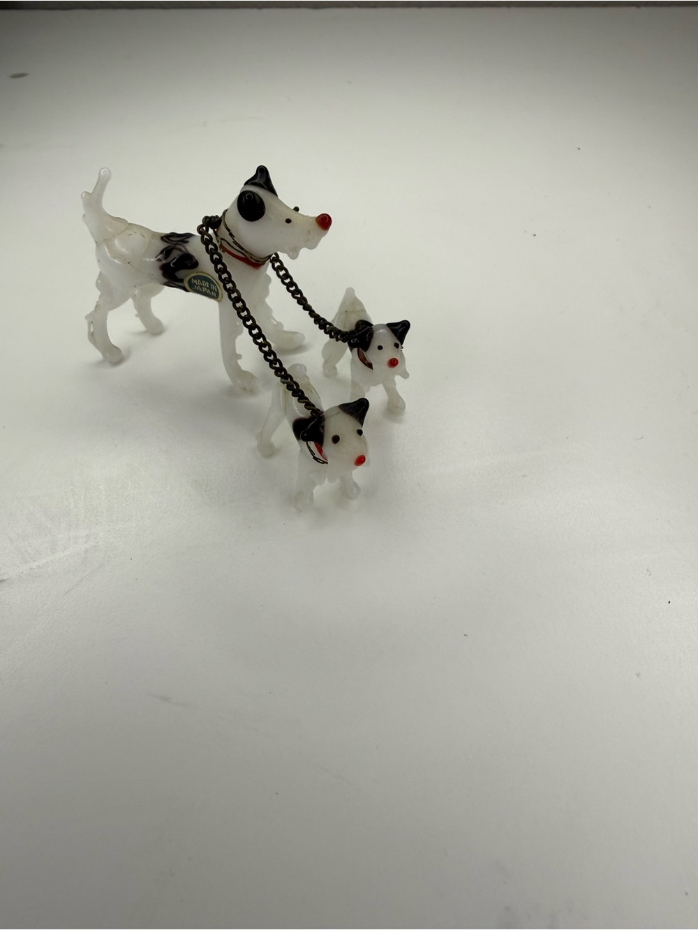 Vintage Japan Lampwork Glass Dog Family Figurines Terrier Mom Puppies Chain